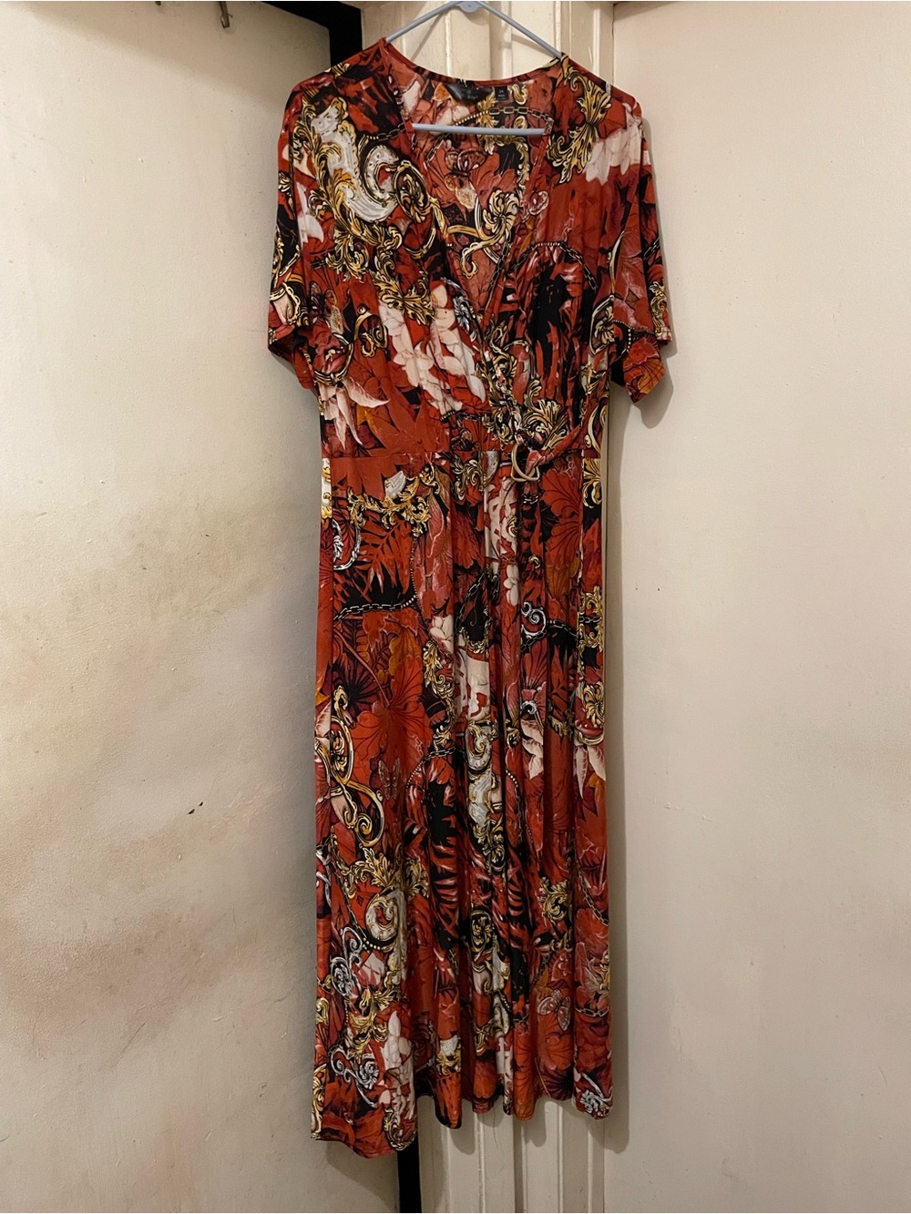 Mlle Gabrielle Women’s 2X Red Floral Faux Wrap Maxi Dress V-Neck Stretch